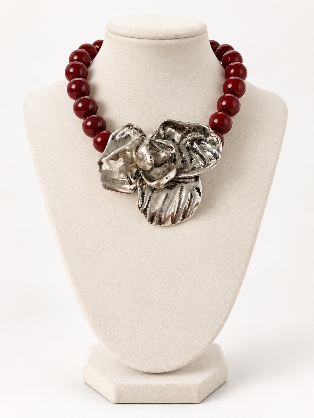 Zara Statement Red Beaded Necklace with Oversized Silver Tone Flower